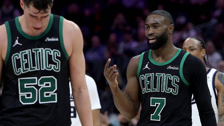 Jan 1, 2026; Sacramento, California, USA; Boston Celtics forward Jaylen Brown (7) signals for a replay after getting fouled out during the fourth quarter at Golden 1 Center. Mandatory Credit: Dennis Lee-Imagn Images