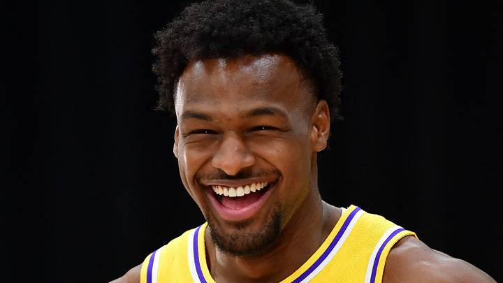 Sep 29, 2025; Los Angeles, CA, USA; Los Angeles Lakers guard Bronny James (9) reacts during media day at UCLA Health Training Center. Mandatory Credit: Gary A. Vasquez-Imagn Images