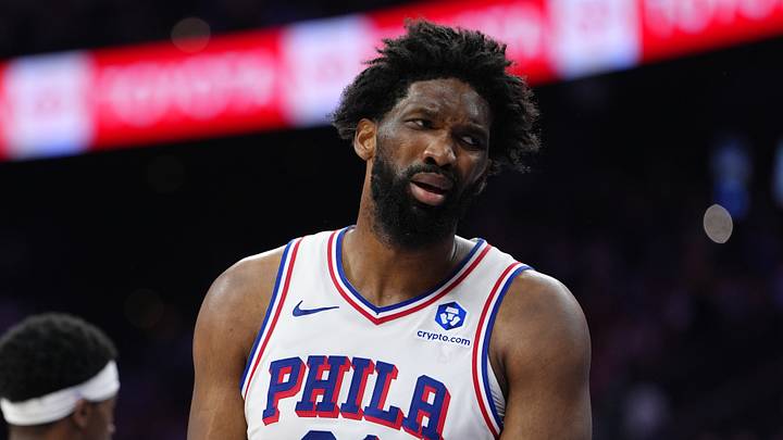 May 10, 2026; Philadelphia, Pennsylvania, USA; Philadelphia 76ers center Joel Embiid (21) reacts against the New York Knicks in the second quarter during game four of the second round of the 2026 NBA Playoffs at Xfinity Mobile Arena. Mandatory Credit: Kyle Ross-Imagn Images