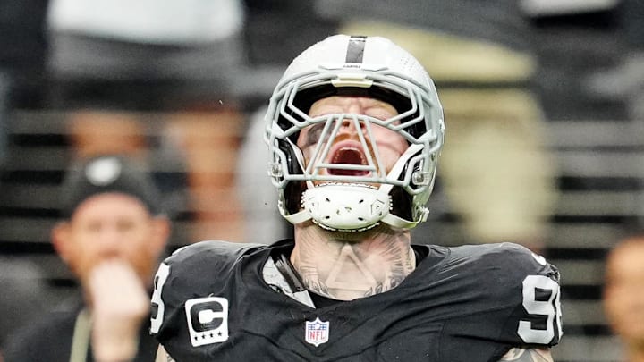 Oct 12, 2025; Paradise, Nevada, USA; Las Vegas Raiders defensive end Maxx Crosby (98) reacts after a play during the second half against the Tennessee Titans at Allegiant Stadium. Mandatory Credit: Stephen R. Sylvanie-Imagn Images