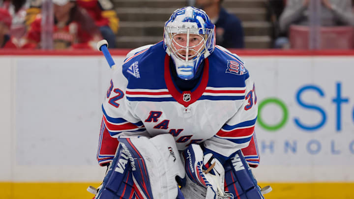 Apr 13, 2026; Sunrise, Florida, USA; New York Rangers goaltender Jonathan Quick (32) looks on against the Florida Panthers during the first period at Amerant Bank Arena. Mandatory Credit: Sam Navarro-Imagn Images