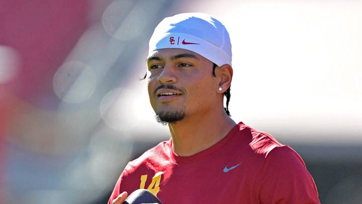 USC Trojans quarterback Jayden Maiava (14) warms up prior to the game against the Michigan Wolverines at United Airlines Field at the Los Angeles Memorial Coliseum