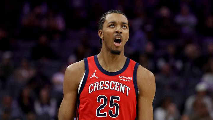 Mar 5, 2026; Sacramento, California, USA; New Orleans Pelicans forward Trey Murphy III (25) reacts after making a three point basket against the Sacramento Kings during the fourth quarter at Golden 1 Center. Mandatory Credit: Dennis Lee-Imagn Images