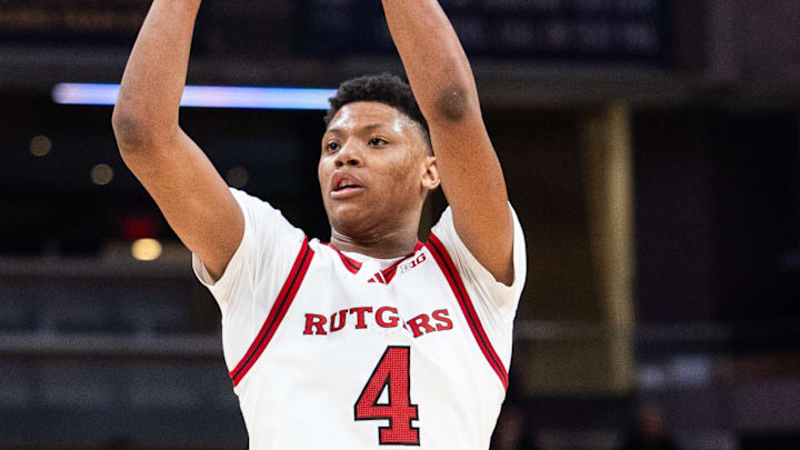 Mar 12, 2025; Indianapolis, IN, USA;  Rutgers Scarlet Knights guard Ace Bailey (4) shoots the ball in the second half against the USC Trojans at Gainbridge Fieldhouse. Mandatory Credit: Trevor Ruszkowski-Imagn Images