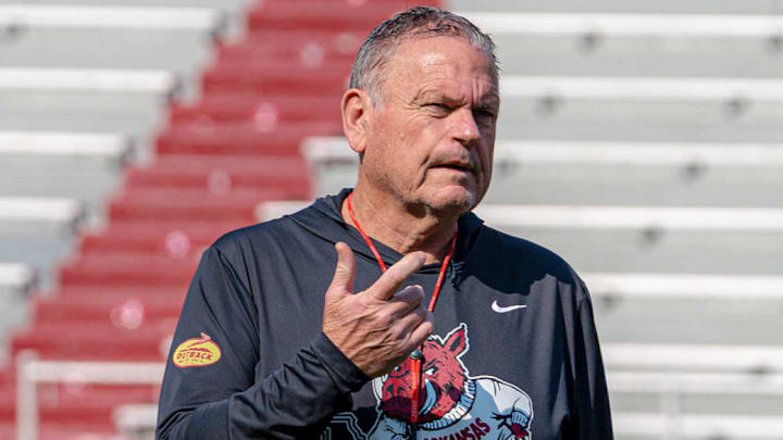 Arkansas Razorbacks coach Sam Pittman during spring practice drills inside Razorback Stadium in Fayetteville, Ark.