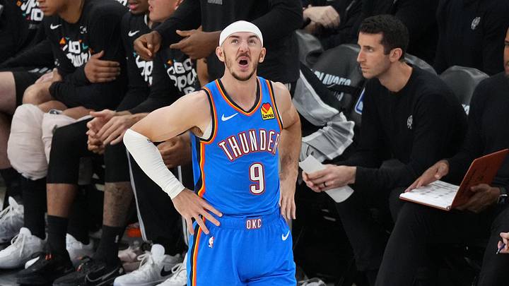 May 22, 2026; San Antonio, Texas, USA; Oklahoma City Thunder guard Alex Caruso (9) reacts against the San Antonio Spurs in the second half during game three of the western conference finals for the 2026 NBA playoffs at Frost Bank Center. Mandatory Credit: Scott Wachter-Imagn Images May 22, 2026; San Antonio, Texas, USA; Oklahoma City Thunder guard Alex Caruso (9) reacts against the San Antonio Spurs in the second half during game three of the western conference finals for the 2026 NBA playoffs at Frost Bank Center. Mandatory Credit: Scott Wachter-Imagn Images