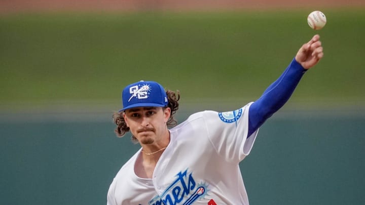 Oklahoma City pitcher Justin Wrobleski (4) pitches during the home opener Minor League baseball game between the Oklahoma City Comets and the El Paso Chihuahuas at Chickasaw Bricktown Ballpark in Oklahoma City on Tuesday, April 1, 2025. Oklahoma City pitcher Justin Wrobleski (4) pitches during the home opener Minor League baseball game between the Oklahoma City Comets and the El Paso Chihuahuas at Chickasaw Bricktown Ballpark in Oklahoma City on Tuesday, April 1, 2025.