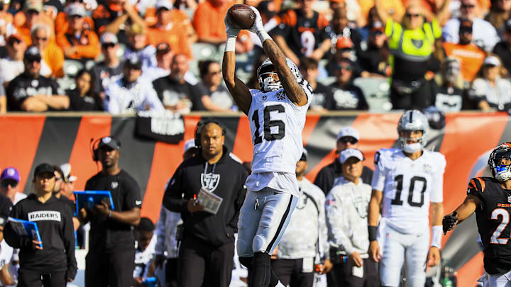 Nov 3, 2024; Cincinnati, Ohio, USA; Las Vegas Raiders wide receiver Jakobi Meyers (16) catches a pass against the Cincinnati Bengals in the first half at Paycor Stadium. Mandatory Credit: Katie Stratman-Imagn Images