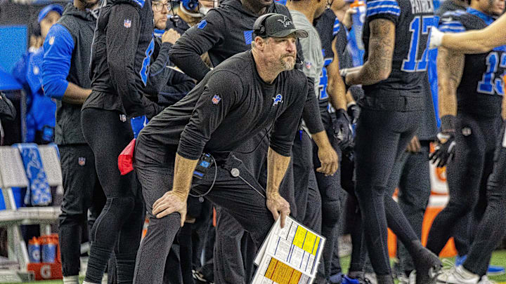 Detroit Lions Head Coach Dan Campbell watches the action from the sidelines against the Minnesota Vikings 