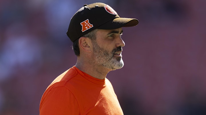 Oct 20, 2024; Cleveland, Ohio, USA; Cleveland Browns head coach Kevin Stefanski watches warmups before the game against the Cincinnati Bengals at Huntington Bank Field. Mandatory Credit: Scott Galvin-Imagn Images