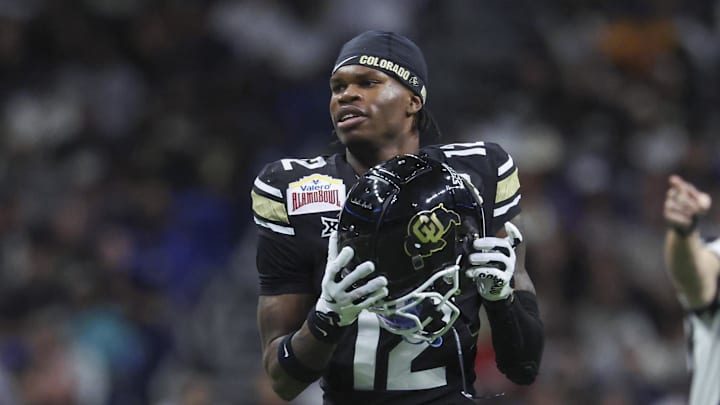 Dec 28, 2024; San Antonio, TX, USA; Colorado Buffaloes wide receiver Travis Hunter (12) reacts after a penalty is called during the second quarter against the Brigham Young Cougars at Alamodome. Mandatory Credit: Troy Taormina-Imagn Images