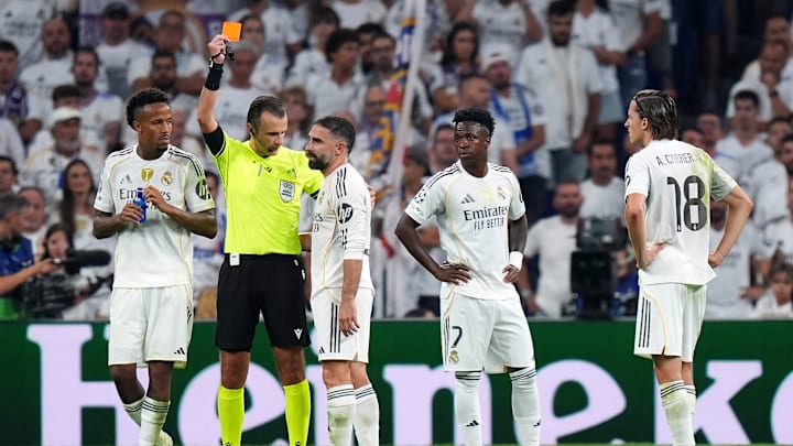 Dani Carvajal (middle) was sent-off during Real Madrid’s 2025–26 Champions League debut. 