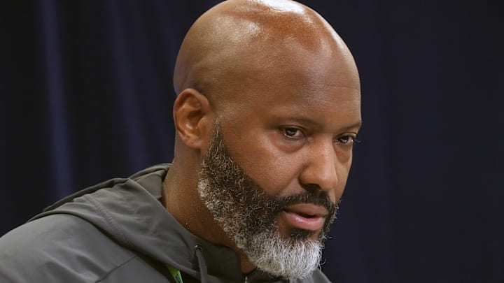 Detroit Lions general manager Brad Holmes speaks during the NFL Scouting Combine at the Indiana Convention Center