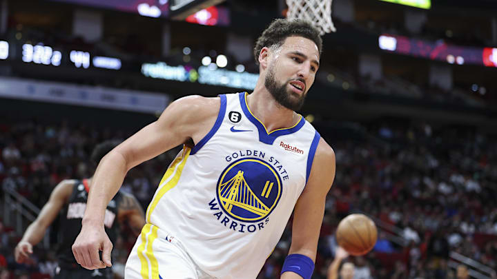 Mar 20, 2023; Houston, Texas, USA; Golden State Warriors guard Klay Thompson (11) reacts after scoring a basket during the second quarter against the Houston Rockets at Toyota Center. Mandatory Credit: Troy Taormina-USA TODAY Sports