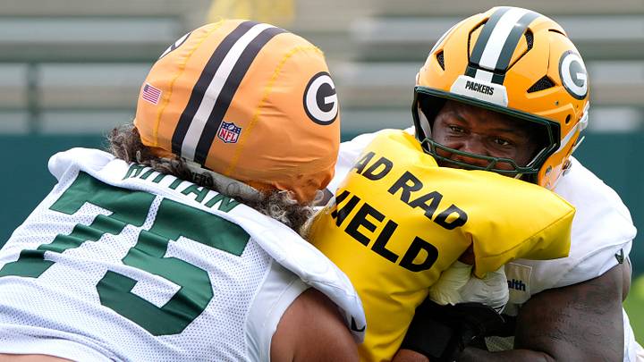 Green Bay Packers center Sean Rhyan (75) works against Dillon Wade at practice. Green Bay Packers center Sean Rhyan (75) works against Dillon Wade at practice.