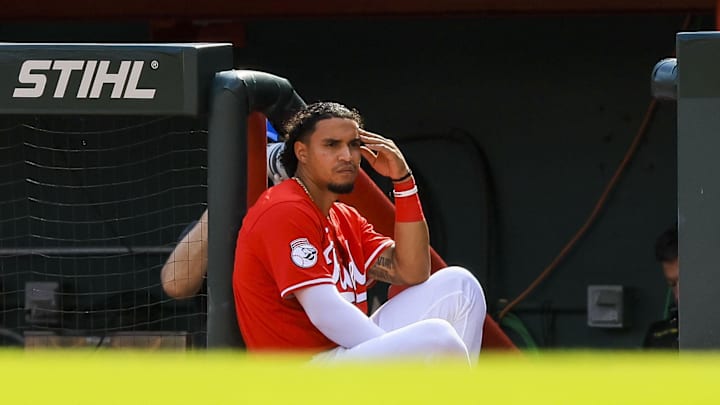 Sep 19, 2024; Cincinnati, Ohio, USA; Cincinnati Reds second baseman Santiago Espinal (4) during the eighth inning against the Atlanta Braves at Great American Ball Park. Mandatory Credit: Katie Stratman-Imagn Images