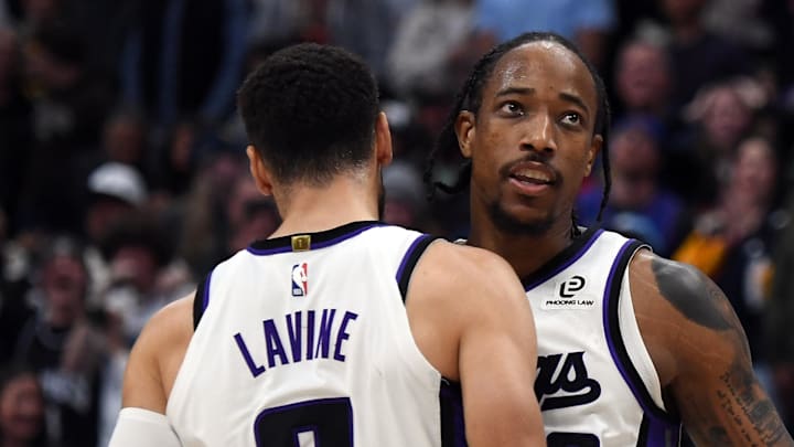 Nov 22, 2025; Denver, Colorado, USA; Sacramento Kings guard DeMar DeRozan (10) celebrates with guard Zach LaVine (8) after a made shot late in the second half of a win against the Denver Nuggets at Ball Arena. Nov 22, 2025; Denver, Colorado, USA; Sacramento Kings guard DeMar DeRozan (10) celebrates with guard Zach LaVine (8) after a made shot late in the second half of a win against the Denver Nuggets at Ball Arena.