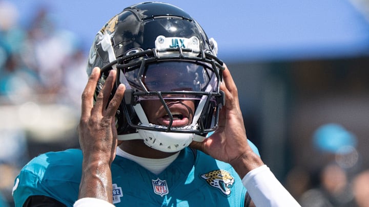 Jacksonville Jaguars wide receiver Travis Hunter (12) takes a breath while warming up before the start of an NFL football game between the Carolina Panthers at Jacksonville Jaguars at EverBank Stadium Sunday September 7, 2025. [Doug Engle/Florida Times-Union]