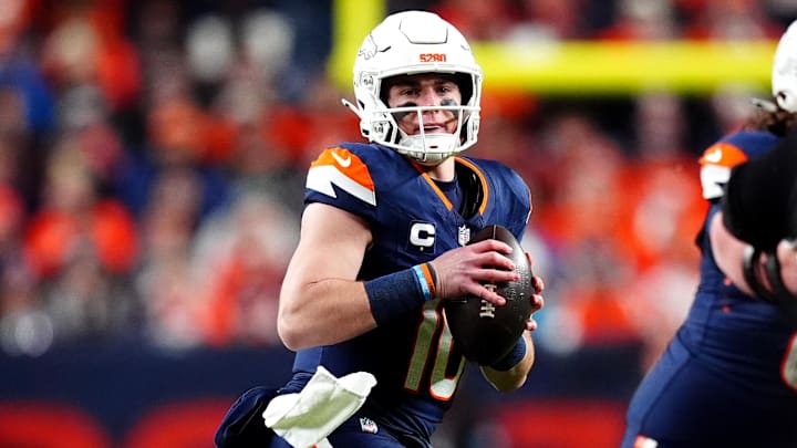 Dec 2, 2024; Denver, Colorado, USA; Denver Broncos quarterback Bo Nix (10) drops back to pass the ball in the first quarter against the Cleveland Browns at Empower Field at Mile High. 