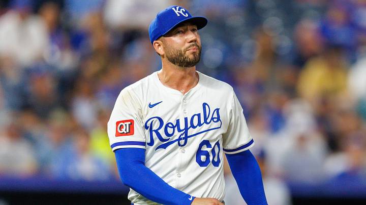 Aug 20, 2025; Kansas City, Missouri, USA; Kansas City Royals pitcher Lucas Erceg (60) reacts to a play during the seventh inning against the Texas Rangers at Kauffman Stadium. Mandatory Credit: William Purnell-Imagn Images