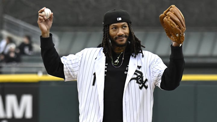 Former Chicago Bulls MVP Derrick Rose throws out the first pitch during the Chicago White Sox Opening Day ceremony at Rate Field. Former Chicago Bulls MVP Derrick Rose throws out the first pitch during the Chicago White Sox Opening Day ceremony at Rate Field.