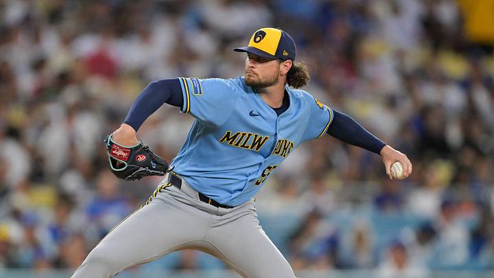 Aug 13, 2026; Los Angeles, California, USA;  Milwaukee Brewers starting pitcher Shane Drohan (55) pitches during the second inning against the Los Angeles Dodgers at Dodger Stadium. Mandatory Credit: Jayne Kamin-Oncea-Imagn Images