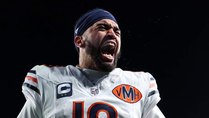 Chicago Bears quarterback Caleb Williams (18) reacts to a win Chicago Bears quarterback Caleb Williams (18) reacts to a win