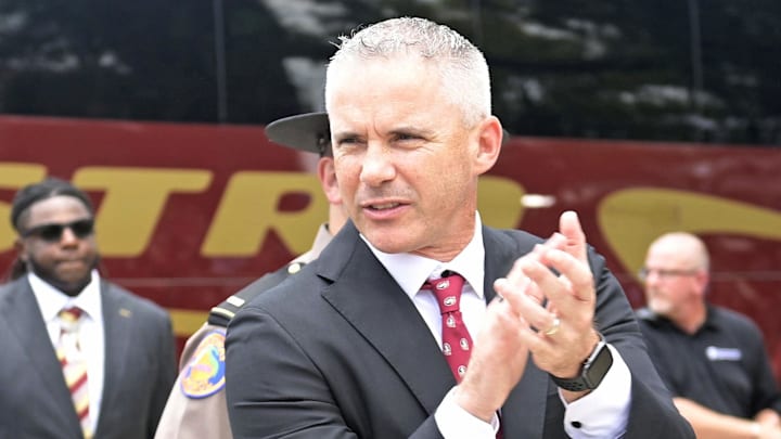 Aug 30, 2025; Tallahassee, Florida, USA; Florida State Seminoles head coach Mike Norvell arrives before the game against the Alabama Crimson Tide at Doak S. Campbell Stadium. Mandatory Credit: Melina Myers-Imagn Images