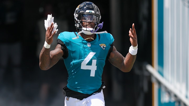 Jacksonville Jaguars running back Tank Bigsby (4) takes the field before a game against the Carolina Panthers at EverBank Stadium.