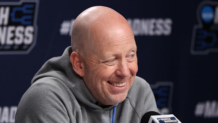 Mar 19, 2026; Philadelphia, PA, USA; UCLA Bruins head coach Mick Cronin speaks with the media before a practice session ahead of the first round of the men's 2026 NCAA Tournament at Xfinity Mobile Arena. Mandatory Credit: Bill Streicher-Imagn Images