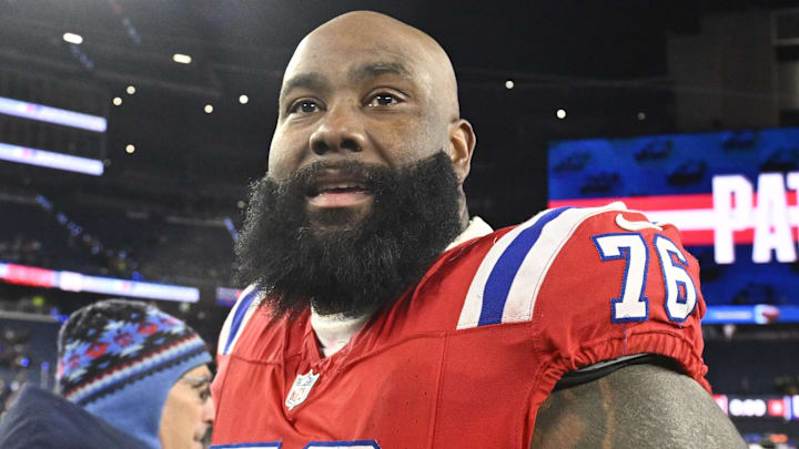 Dec 1, 2025; Foxborough, Massachusetts, USA; New England Patriots offensive tackle Morgan Moses (76) is seen after the game against the New York Giants at Gillette Stadium. Mandatory Credit: Eric Canha-Imagn Images