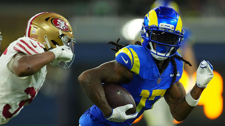 Oct 2, 2025; Inglewood, California, USA; Los Angeles Rams wide receiver Davante Adams (17) makes a catch against the San Francisco 49ers during the second half at SoFi Stadium. Mandatory Credit: Kirby Lee-Imagn Images