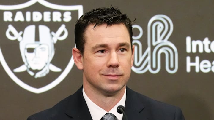 Feb 10, 2026; Henderson, NV, USA; Las Vegas Raiders coach Klint Kubiak speaks at introductory press conference at Intermountain Health Performance Center. Mandatory Credit: Kirby Lee-Imagn Images Feb 10, 2026; Henderson, NV, USA; Las Vegas Raiders coach Klint Kubiak speaks at introductory press conference at Intermountain Health Performance Center. Mandatory Credit: Kirby Lee-Imagn Images