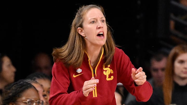 Mar 22, 2025; Los Angeles, California, USA; USC Trojans head coach Lindsay Gottlieb during the fourth quarter of an NCAA Tournament game against the UNC Greensboro Spartans at Galen Center. Mandatory Credit: Robert Hanashiro-Imagn Images