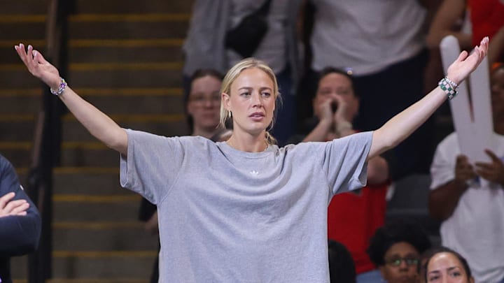 Sep 14, 2025; College Park, Georgia, USA; Indiana Fever guard Sophie Cunningham (8) reacts to a call against the Atlanta Dream in the fourth quarter during game one of round one for the 2025 WNBA Playoffs at Gateway Center Arena at College Park. Mandatory Credit: Brett Davis-Imagn Images
Sep 14, 2025; College Park, Georgia, USA; Indiana Fever guard Sophie Cunningham (8) reacts to a call against the Atlanta Dream in the fourth quarter during game one of round one for the 2025 WNBA Playoffs at Gateway Center Arena at College Park. Mandatory Credit: Brett Davis-Imagn Images