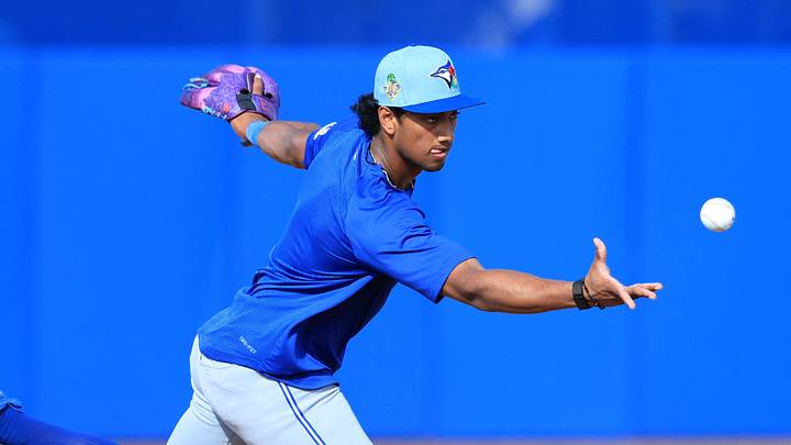 Feb 16, 2026; Dunedin, FL, USA; Toronto Blue Jays infielder Arjun Nimmala (18) works out during spring training practice at Player Development Complex. Mandatory Credit: Kim Klement Neitzel-Imagn Images Feb 16, 2026; Dunedin, FL, USA; Toronto Blue Jays infielder Arjun Nimmala (18) works out during spring training practice at Player Development Complex. Mandatory Credit: Kim Klement Neitzel-Imagn Images