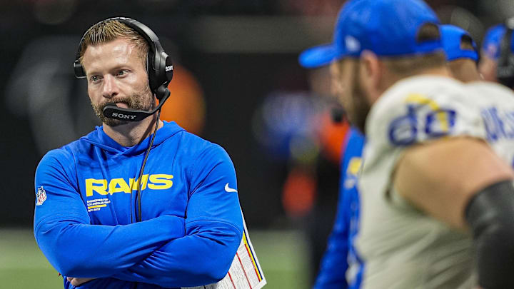 Dec 29, 2025; Atlanta, Georgia, USA; Los Angeles Rams head coach Sean McVay reacts on the sidelines during the game against the Atlanta Falcons at Mercedes-Benz Stadium. Mandatory Credit: Dale Zanine-Imagn Images