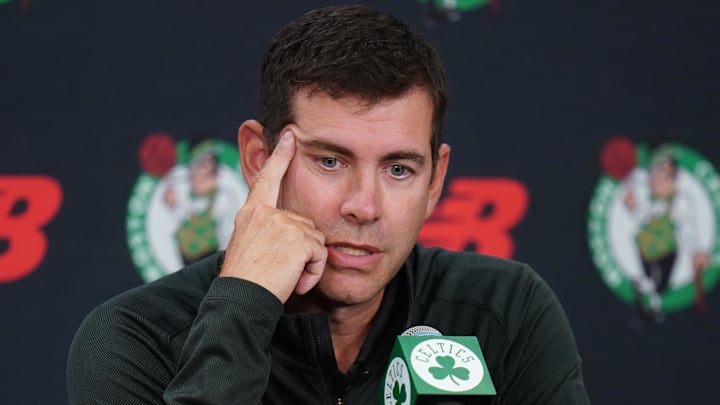 Boston Celtics president of basketball operations Brad Stevens talks to reporters during media day at the Auerbach Center on September 29, 2025.