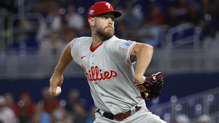 May 1,  2026; Miami, Florida, USA;  Philadelphia Phillies starting pitcher Zack Wheeler (45) throws against the Miami Marlins during the first inning at loanDepot Park.