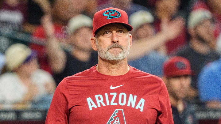 Sep 21, 2025; Phoenix, Arizona, USA; Arizona Diamondbacks manager Torey Lovullo (17) reacts after infielder Ketel Marte (not shown) was hit by a pitch in the sixth inning against the Philadelphia Phillies at Chase Field. Mandatory Credit: Allan Henry-Imagn Images