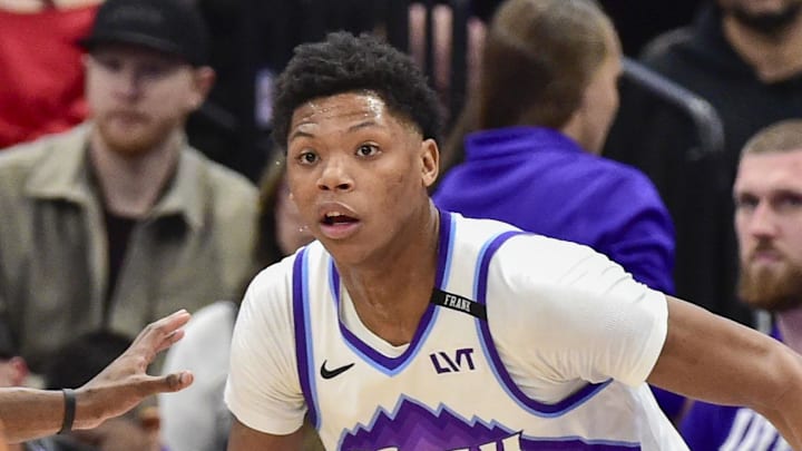 Jan 22, 2026; Salt Lake City, Utah, USA; Utah Jazz forward Ace Bailey (19) looks for a pass from Utah Jazz center Jusuf Nurkić (30) during the first half against the San Antonio Spurs at Delta Center. Mandatory Credit: Peter Creveling-Imagn Images