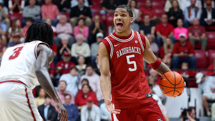 Arkansas Razorback guard Darius Acuff Jr. (5) dribbles against Alabama Crimson Tide guard Latrell Wrightsell Jr. (3) during the first half at Coleman Coliseum. Arkansas Razorback guard Darius Acuff Jr. (5) dribbles against Alabama Crimson Tide guard Latrell Wrightsell Jr. (3) during the first half at Coleman Coliseum.