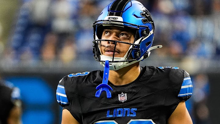 Detroit Lions running back Sione Vaki (33) looks on at warm-up before the Seattle Seahawks game at Ford Field in Detroit on Monday, Sept. 30, 2024.
