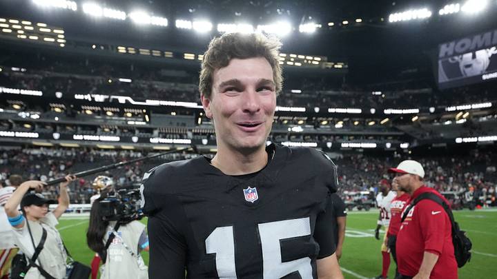 Las Vegas Raiders quarterback Fernando Mendoza reacts while walking on the field after a game against the San Francisco 49ers.