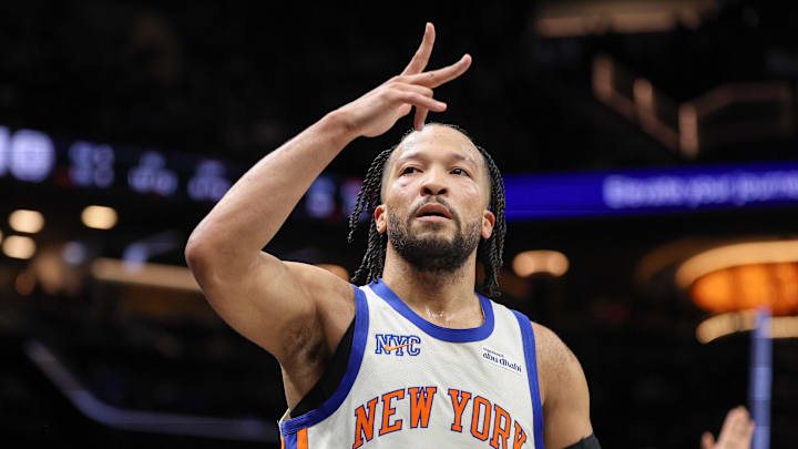 Mar 20, 2026; Brooklyn, New York, USA; New York Knicks guard Jalen Brunson (11) reacts after making a three point basket during the first half against the Brooklyn Nets at Barclays Center. Mandatory Credit: Vincent Carchietta-Imagn Images Mar 20, 2026; Brooklyn, New York, USA; New York Knicks guard Jalen Brunson (11) reacts after making a three point basket during the first half against the Brooklyn Nets at Barclays Center. Mandatory Credit: Vincent Carchietta-Imagn Images