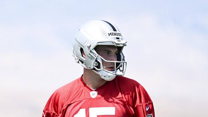 May 2, 2026; Henderson, NV, USA; Las Vegas Raiders quarterback Fernando Mendoza (15) runs through a drill during a Rookie Minicamp at Intermountain Health Performance Center. Mandatory Credit: Candice Ward-Imagn Images May 2, 2026; Henderson, NV, USA; Las Vegas Raiders quarterback Fernando Mendoza (15) runs through a drill during a Rookie Minicamp at Intermountain Health Performance Center. Mandatory Credit: Candice Ward-Imagn Images
