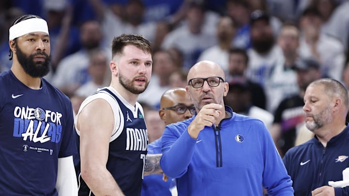 May 7, 2024; Oklahoma City, Oklahoma, USA; Dallas Mavericks head coach Jason Kidd talks to guard Luka Doncic (77)