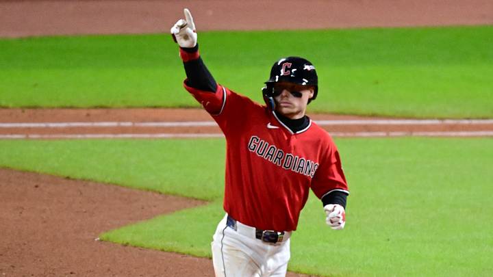 Oct 17, 2026; Cleveland, Ohio, USA; Cleveland Guardians infielder Travis Bazzana (37) acknowledges the bullpen and runs the bases after hitting a solo home run to right field against Tampa Bay Rays pitcher Ian Seymour (not pictured) during the seventh inning in game four of the ALCS for the 2026 MLB Playoffs at Progressive Field. Mandatory Credit: David Dermer-Imagn Images Oct 17, 2026; Cleveland, Ohio, USA; Cleveland Guardians infielder Travis Bazzana (37) acknowledges the bullpen and runs the bases after hitting a solo home run to right field against Tampa Bay Rays pitcher Ian Seymour (not pictured) during the seventh inning in game four of the ALCS for the 2026 MLB Playoffs at Progressive Field. Mandatory Credit: David Dermer-Imagn Images