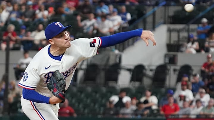 Apr 16, 2025; Arlington, Texas, USA; Texas Rangers starting pitcher Patrick Corbin (46) throws to the plate during the first inning against the Los Angeles Angels at Globe Life Field. Apr 16, 2025; Arlington, Texas, USA; Texas Rangers starting pitcher Patrick Corbin (46) throws to the plate during the first inning against the Los Angeles Angels at Globe Life Field.