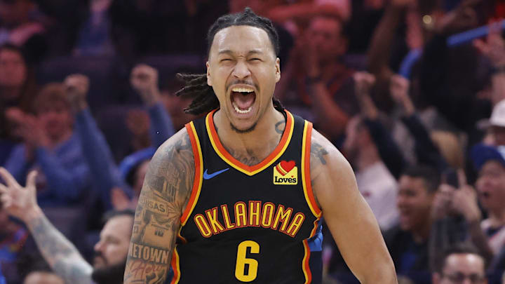 Oklahoma City Thunder forward Jaylin Williams (6) celebrates after scoring against the Denver Nuggets during the second quarter at Paycom Center. Oklahoma City Thunder forward Jaylin Williams (6) celebrates after scoring against the Denver Nuggets during the second quarter at Paycom Center.